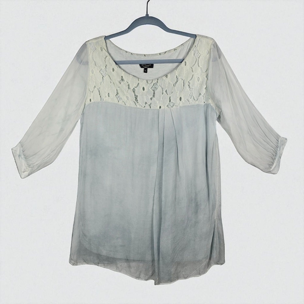 H Trend‎ Italy Women's XL Tunic Top Lace Detail Silk Blouse Blue Lined Feminine